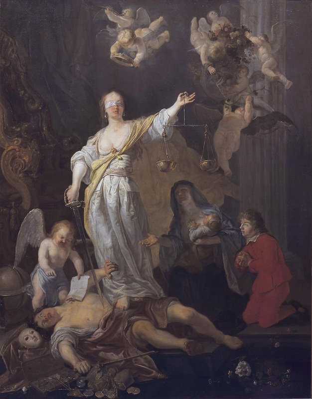A painting of blindfolded Justice holding scales and a sword