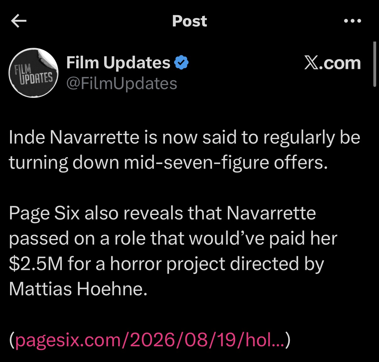 Film Updates post about Inde Navarrette declining acting offers